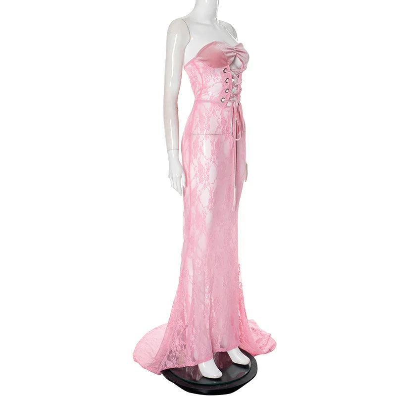Lace Up Hollow Out Corset Tube Maxi Dress