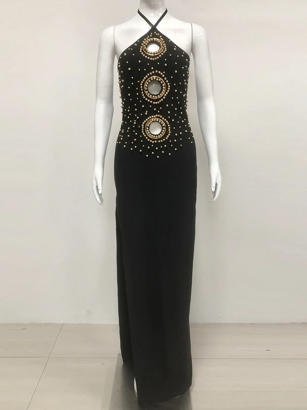 Halter Bead Hollow Design Backless Long Dress
