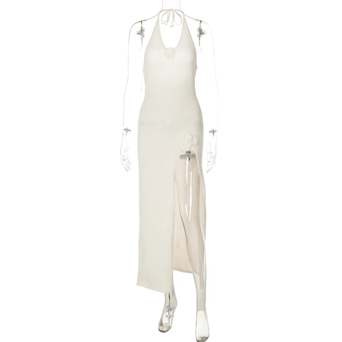 White Knit 3D Flower High Slit Midi Dress