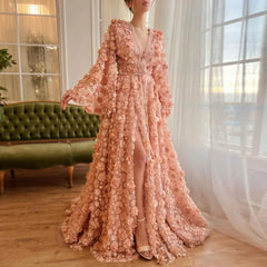 Blush Pink 3D Floral Evening Dress with Bell Sleeves