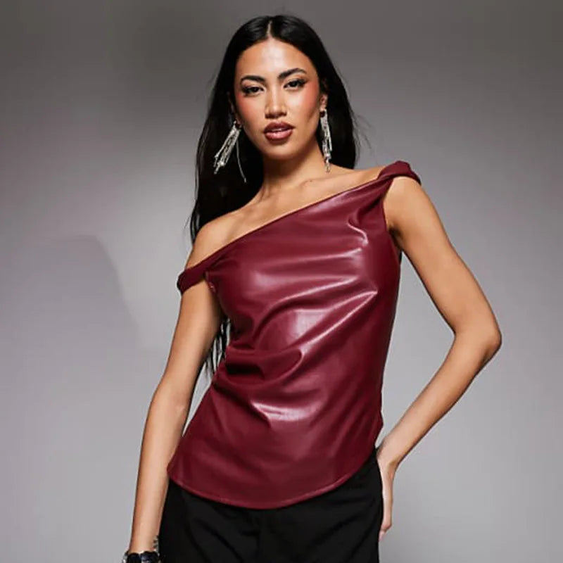 Skew Collar Leather Pleated Top