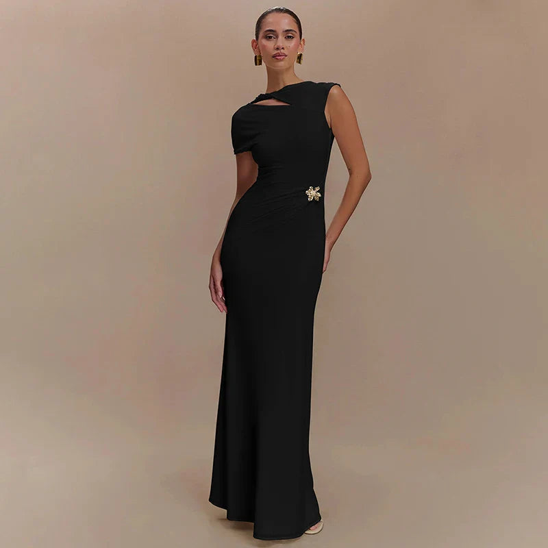 Hollow Out Metal Buckle Solid Short Sleeve Long Dress