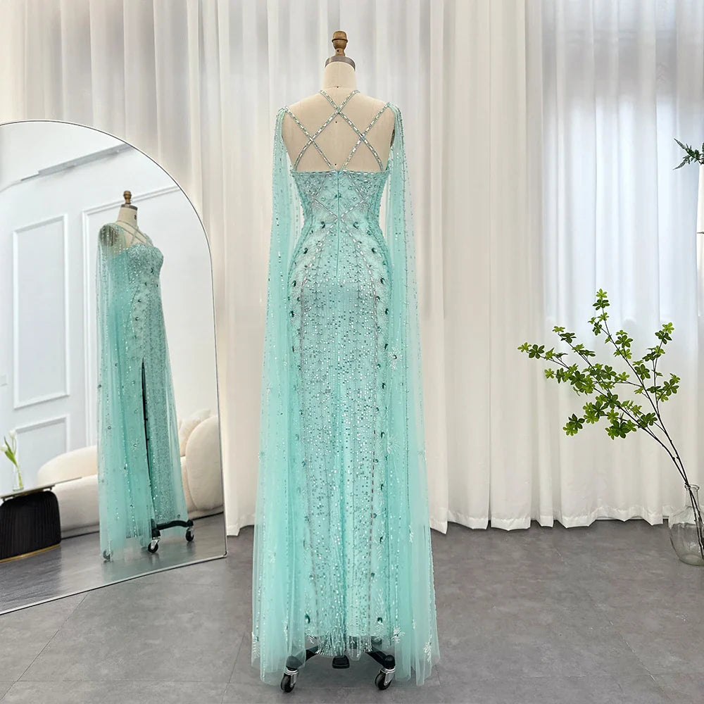 Aqua Mermaid Evening Gown with Cape Sleeves