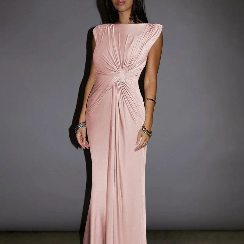 Solid Boat Neck Twist Knot Long Dress