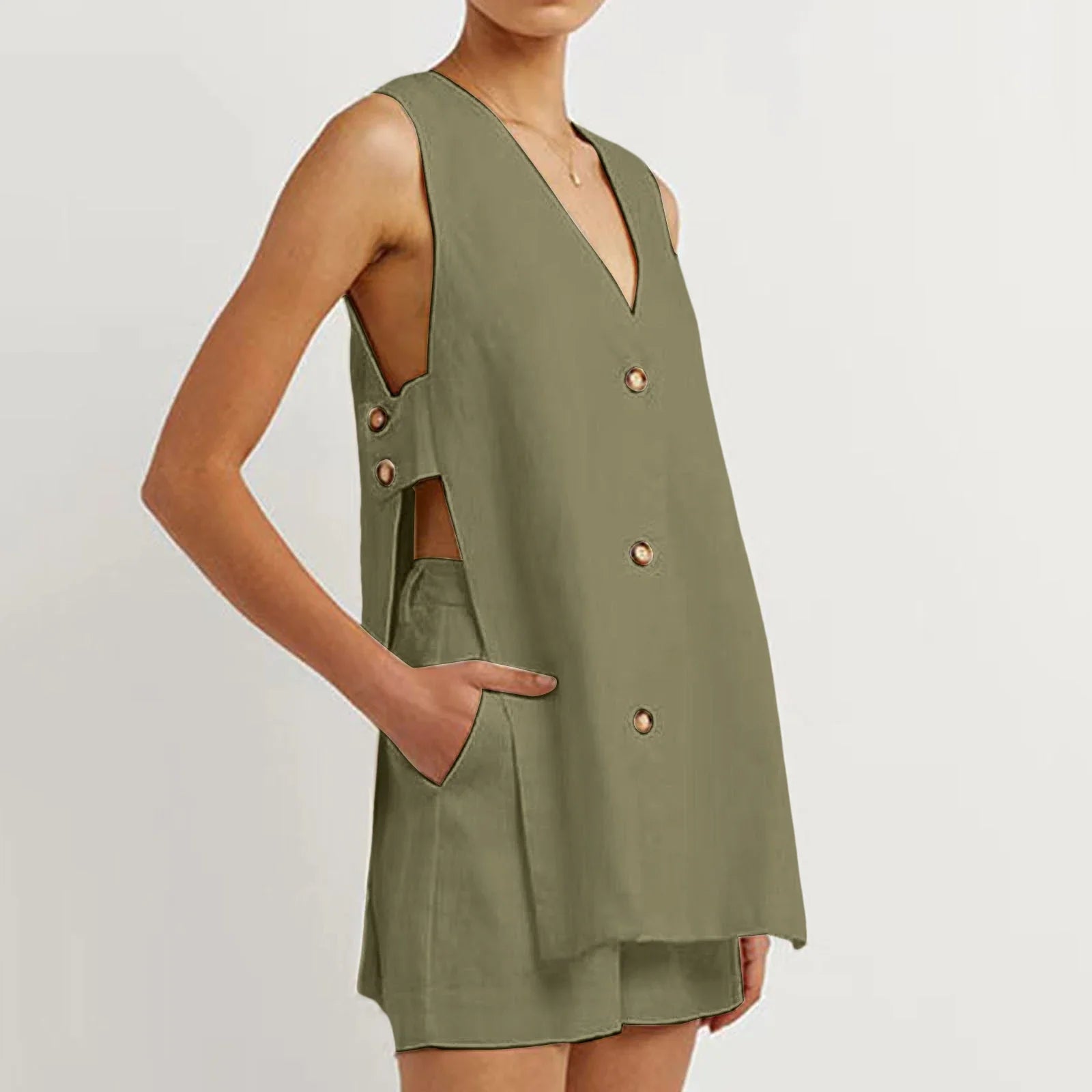 Hollow Button Long Top Elastic Waist Shorts Suit