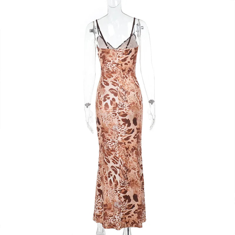 Leopard Print Spaghetti Strap Backless Long Dress