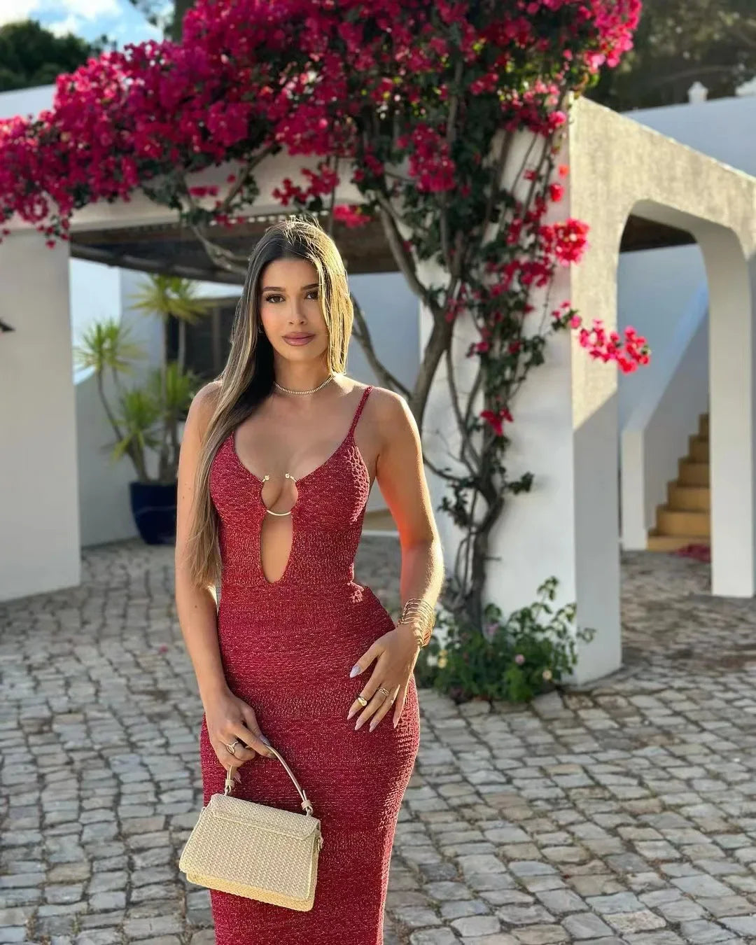 Shiny Silk Knit Metal Ring Bodycon Dress