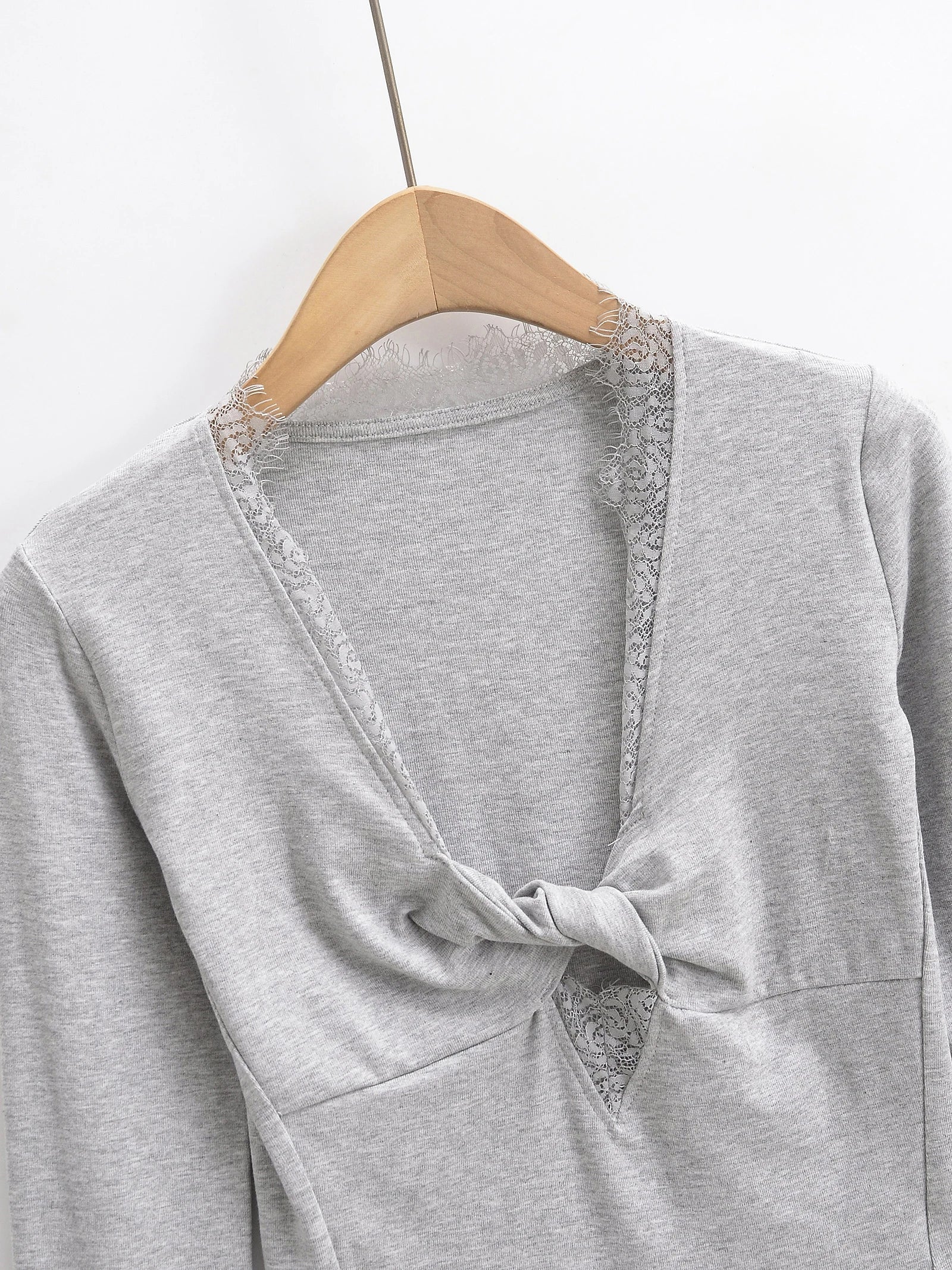 Spliced Lace Bow V neck Jersey Long Sleeve Bodysuit
