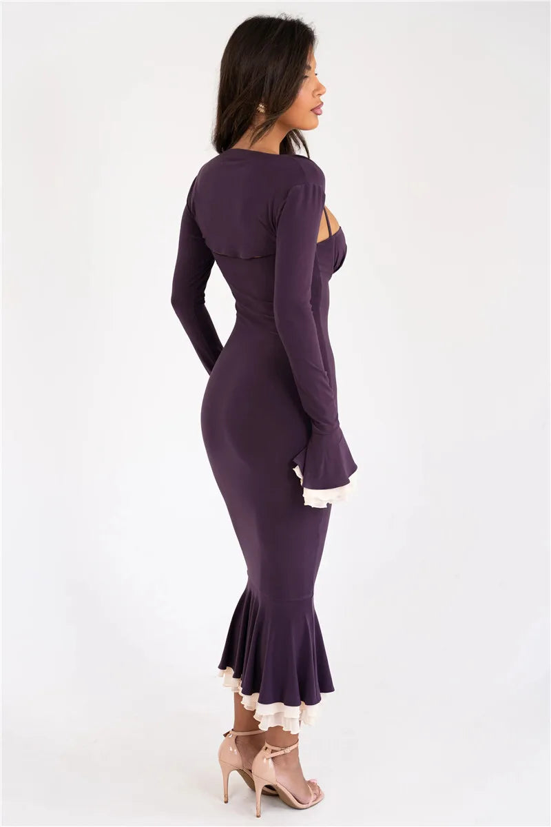 Patchwork Square Collar Evening Fishtail Dress