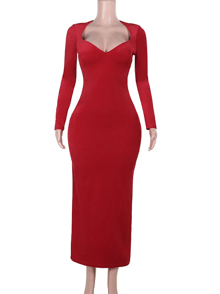 Red Long Sleeve Side Slit Dress