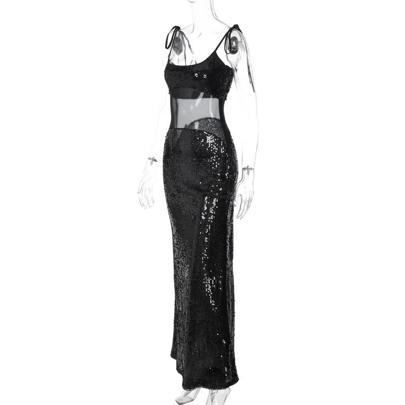 Sheer Mesh Spaghetti Strap Glitter Long Dress