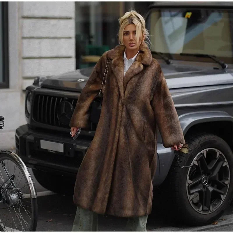 Faux Fur Lapel Fluffy Plush Warm Coat