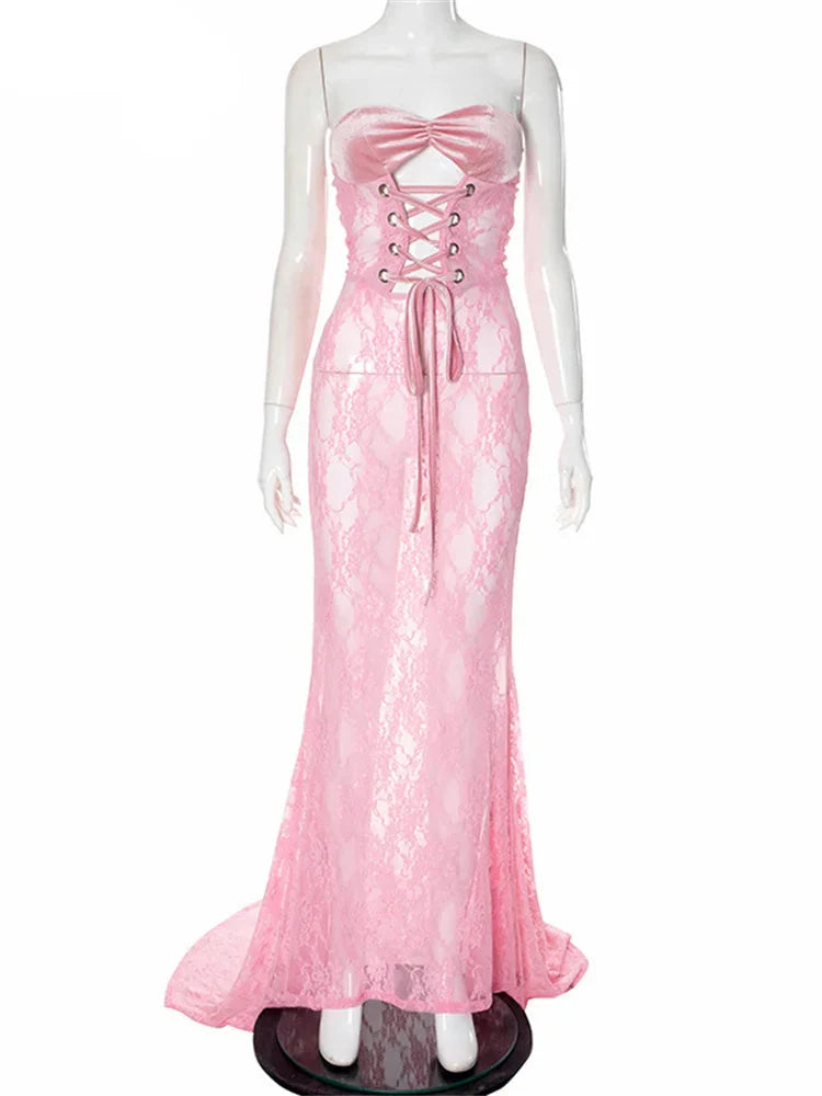 Lace Up Hollow Out Corset Tube Maxi Dress