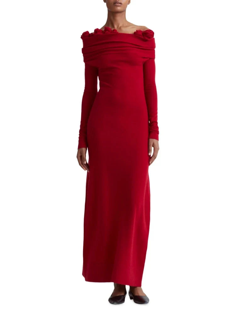 Off-Shoulder 3D Flower Red Velvet Dress