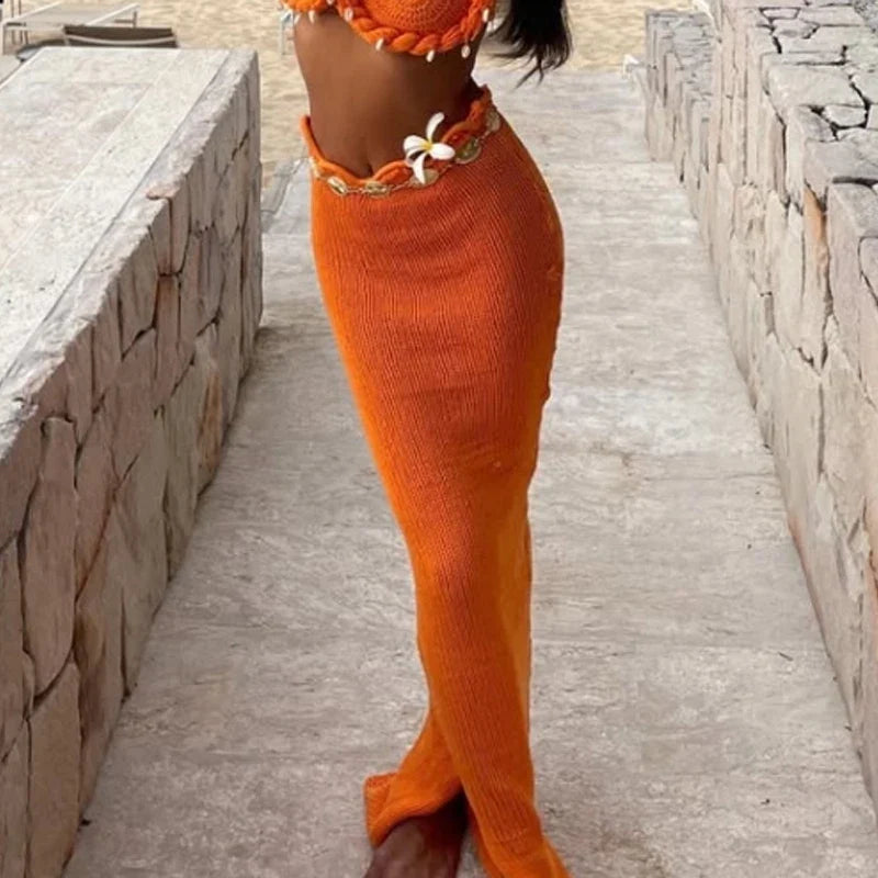 Shell Crop Tops Suit With Split Long Skirt