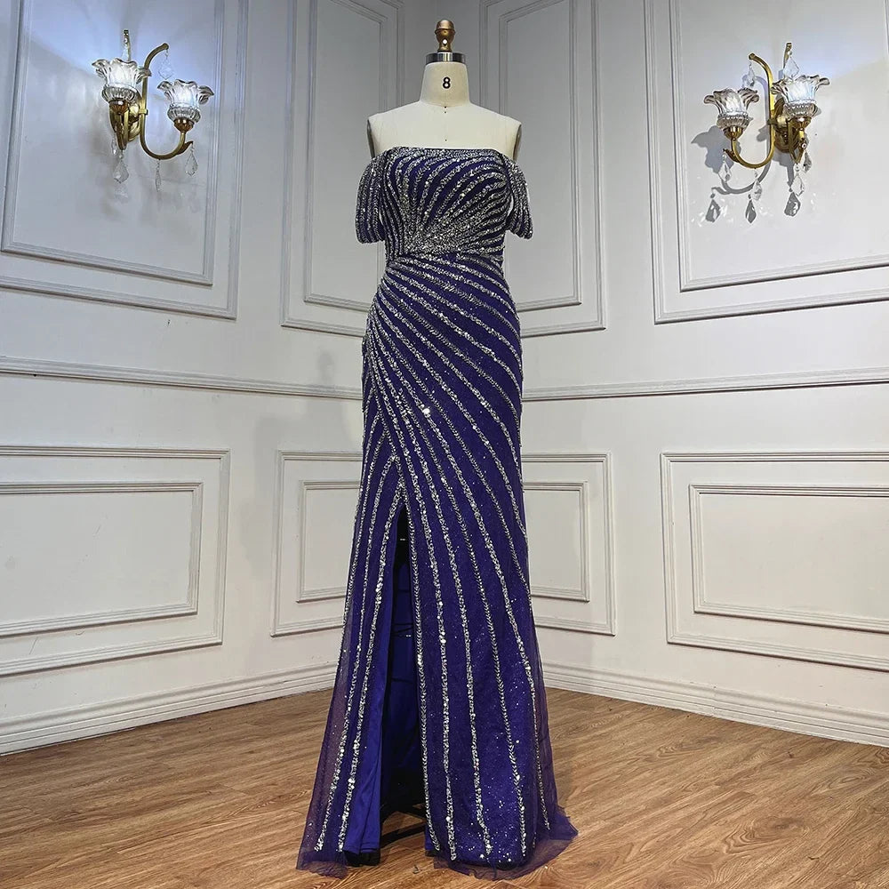 Boat Neck Split Mermaid Elegant Beaded Gowns