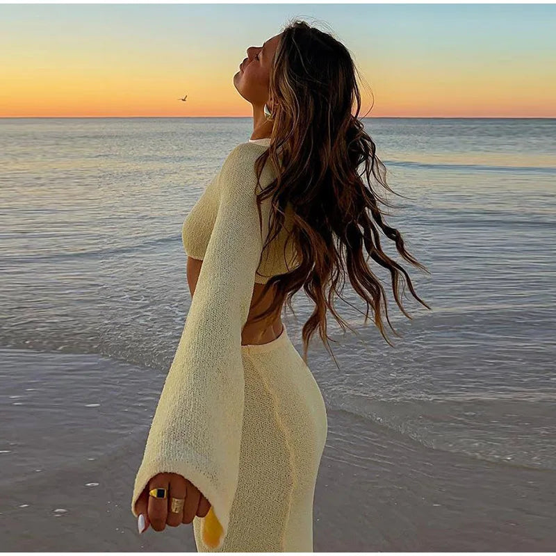 Knitted Hollow Out Solid O-neck Slit Maxi Dress