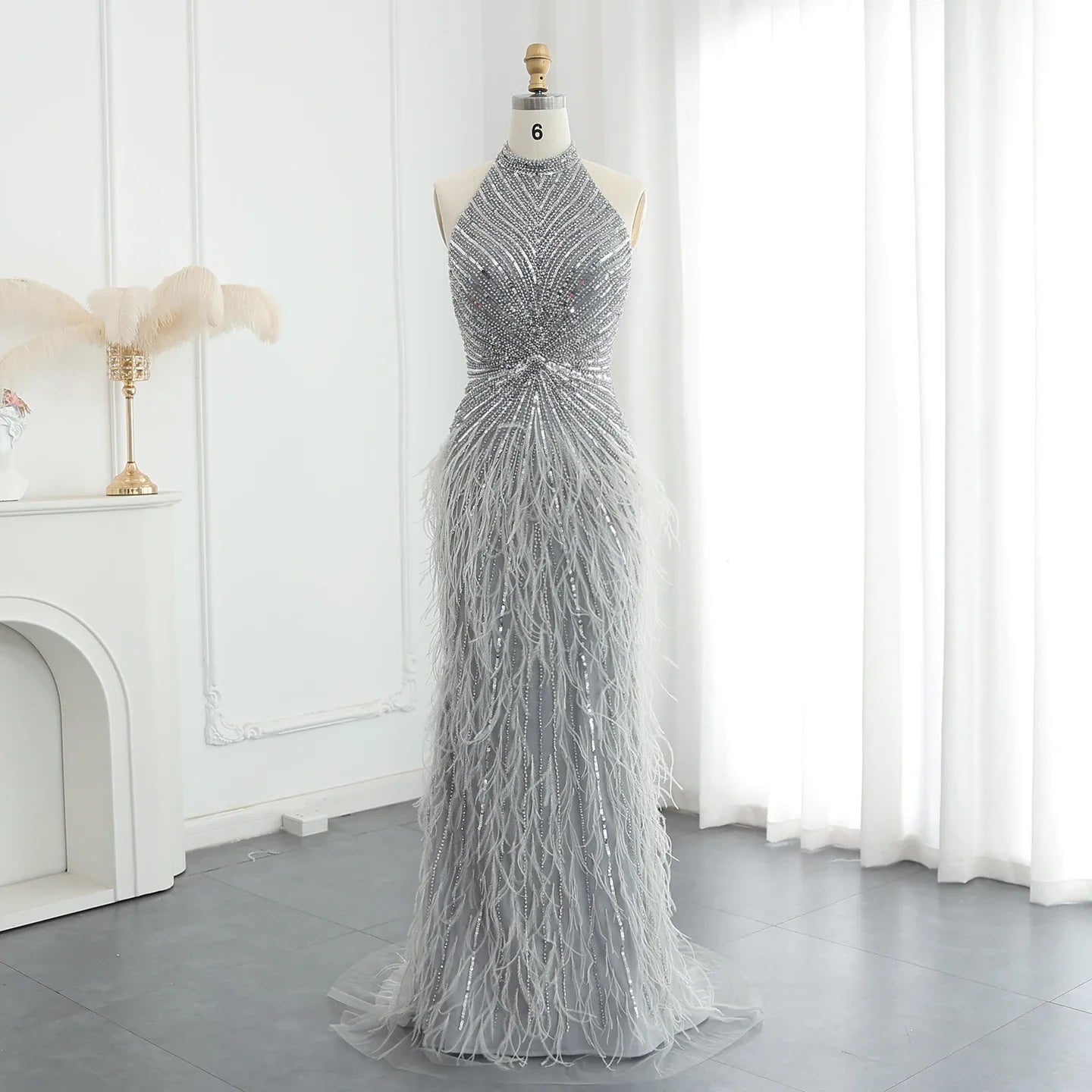 Beaded Feathers Mermaid Halter Backless Gown