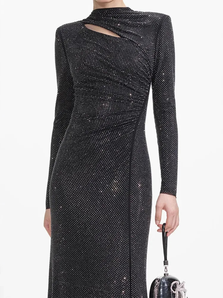 Pleated Diamond Asymmetrical Long Dress