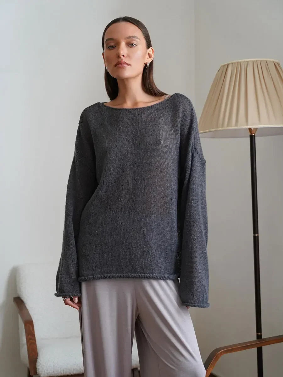 Hollow Solid See-through Long Sleeve Knitted Top