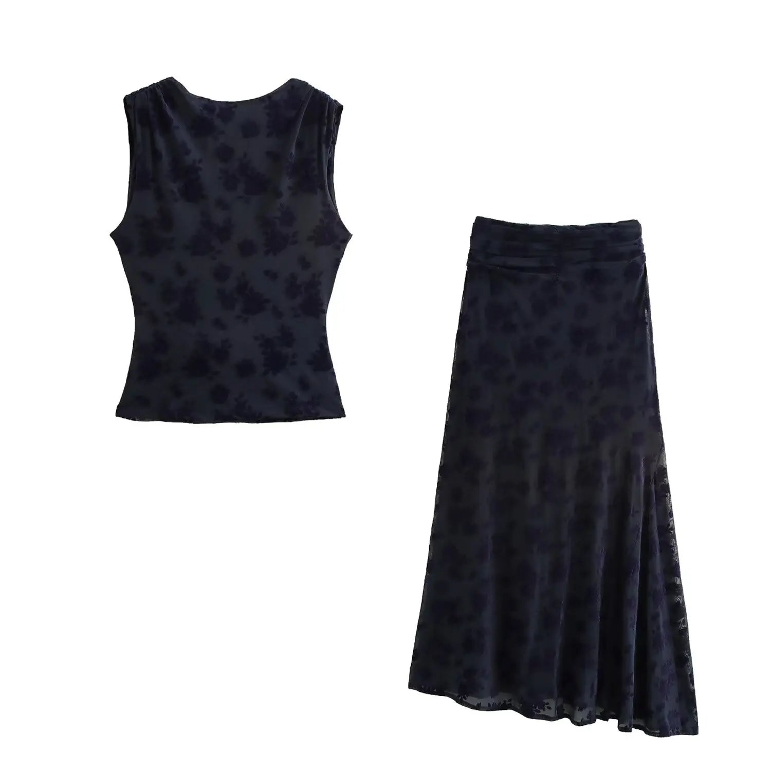 Texture Blue Top Asymmetrical Long Skirt Suit