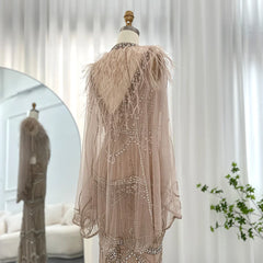 Champagne Feather Cape Mermaid Gown