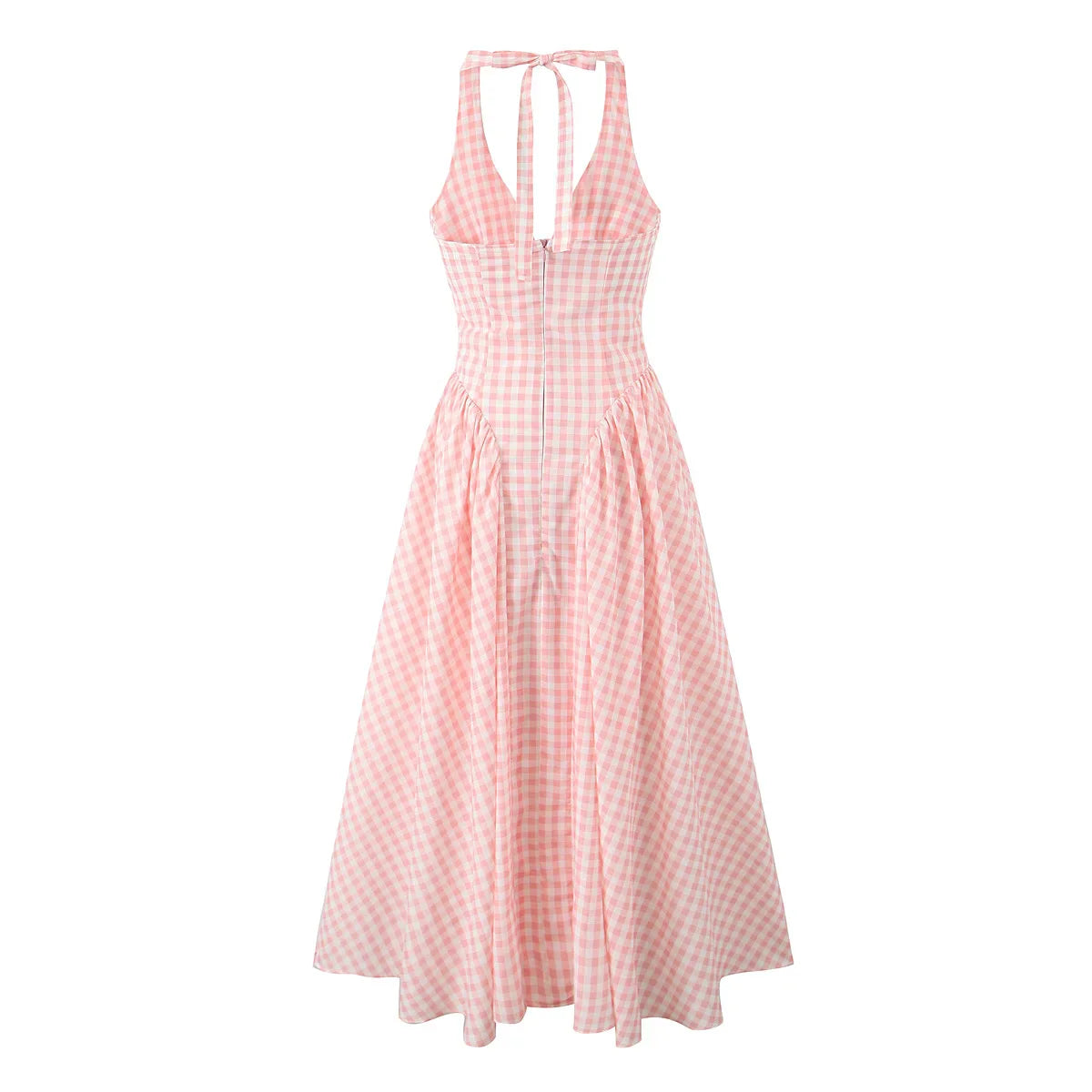 Pink White Plaid Bow Halter V Collar Midi Dress