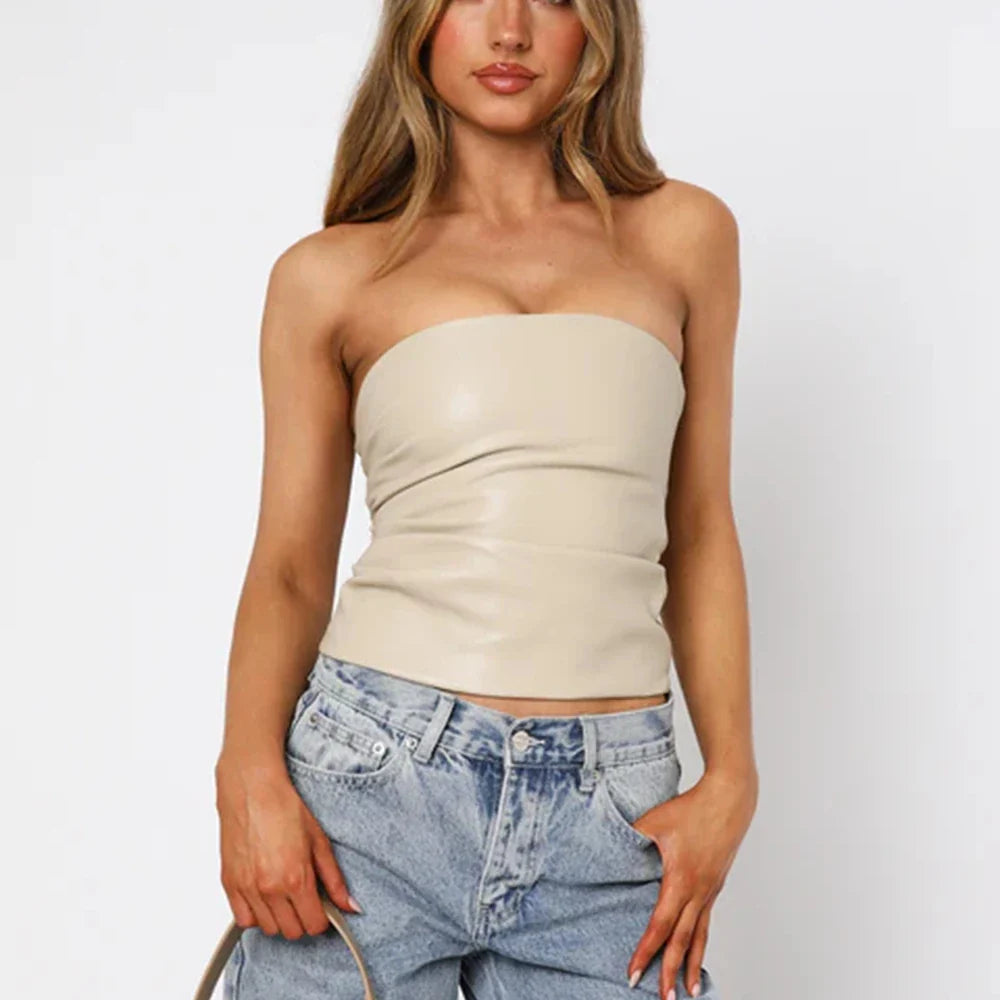 PU Leather Strapless Pleated Tube Top
