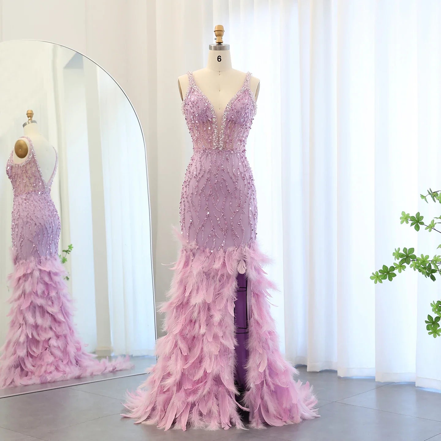 Blue Mermaid Evening Gown with Feather Details