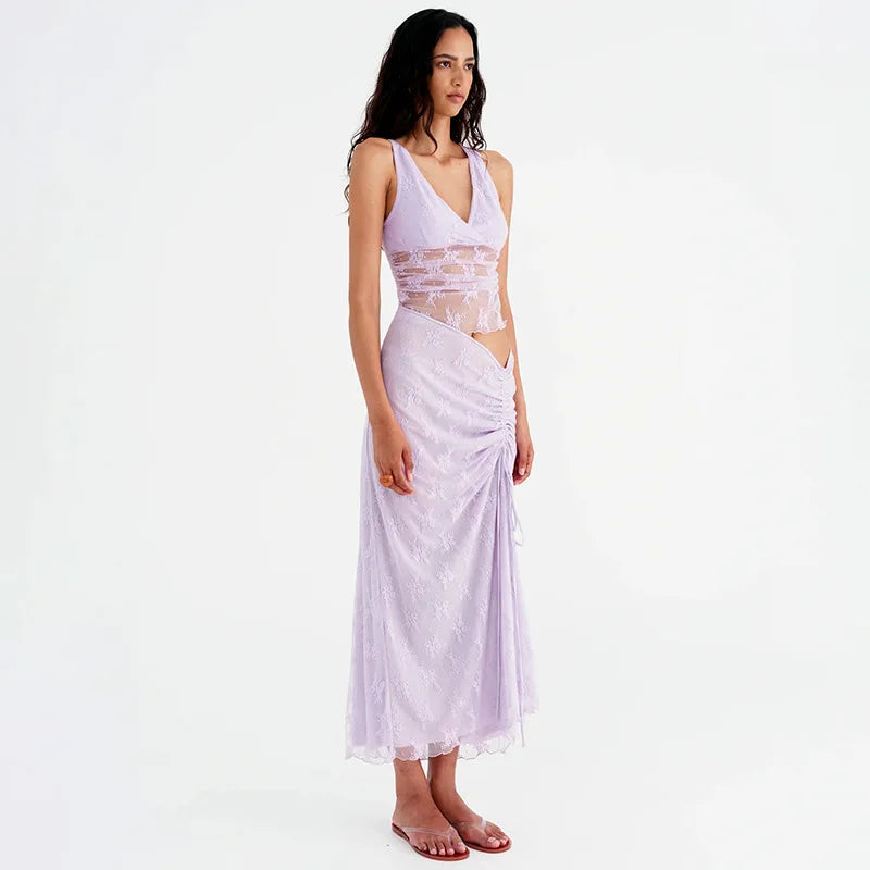 Elegant Summer Lace V-Neck 2-Piece Maxi Skirt Set