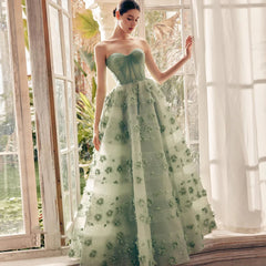 Sage Green 3D Flowers Evening Dress with Cape
