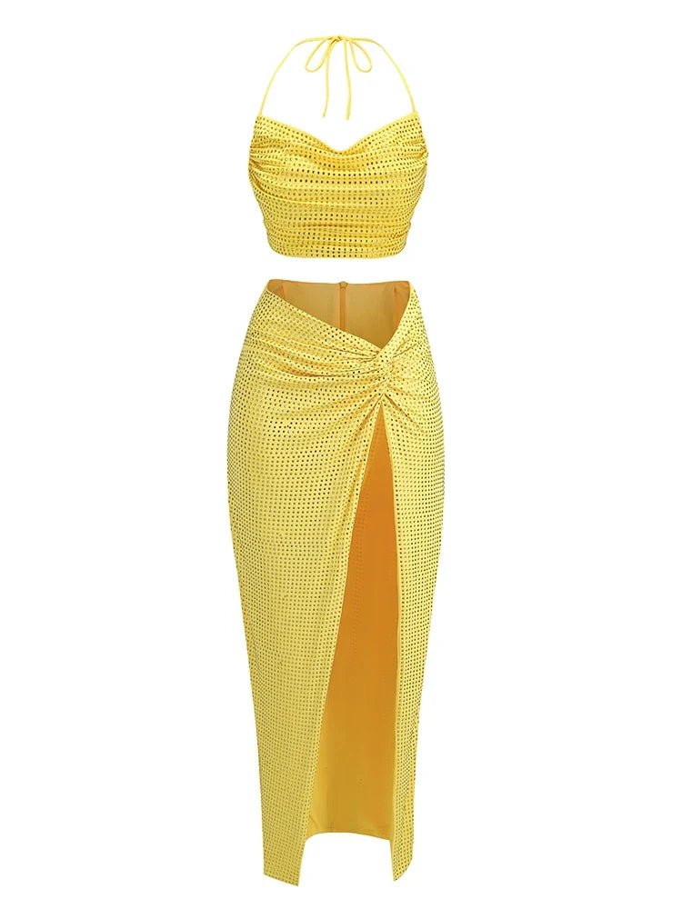 Swinging Collar Crop Tops Long Slit Skirts Suits