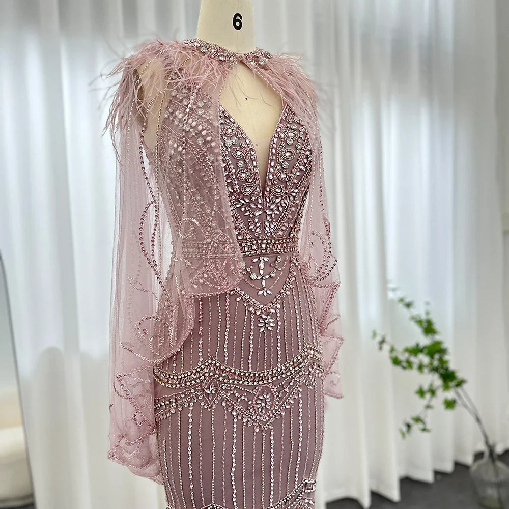 Champagne Feather Cape Mermaid Gown