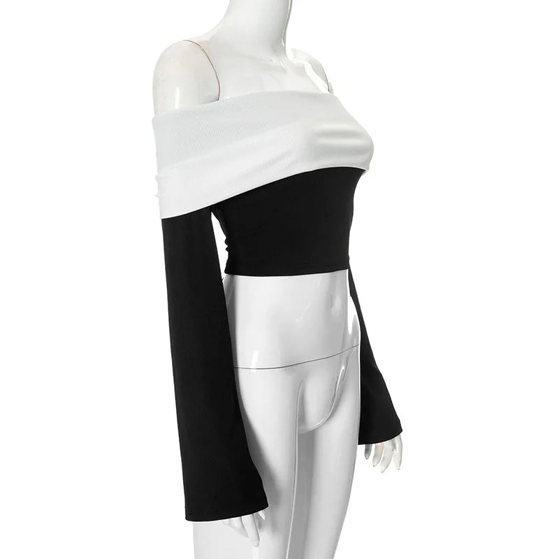 Off-Shoulder Patchwork Contrast Cropped Top