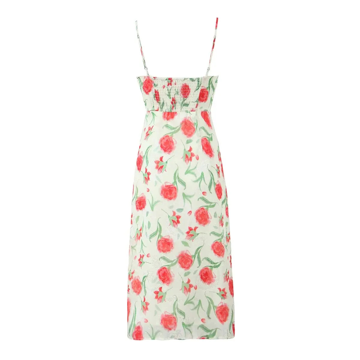 Large Flowers Elastic Buttons Midi Dress