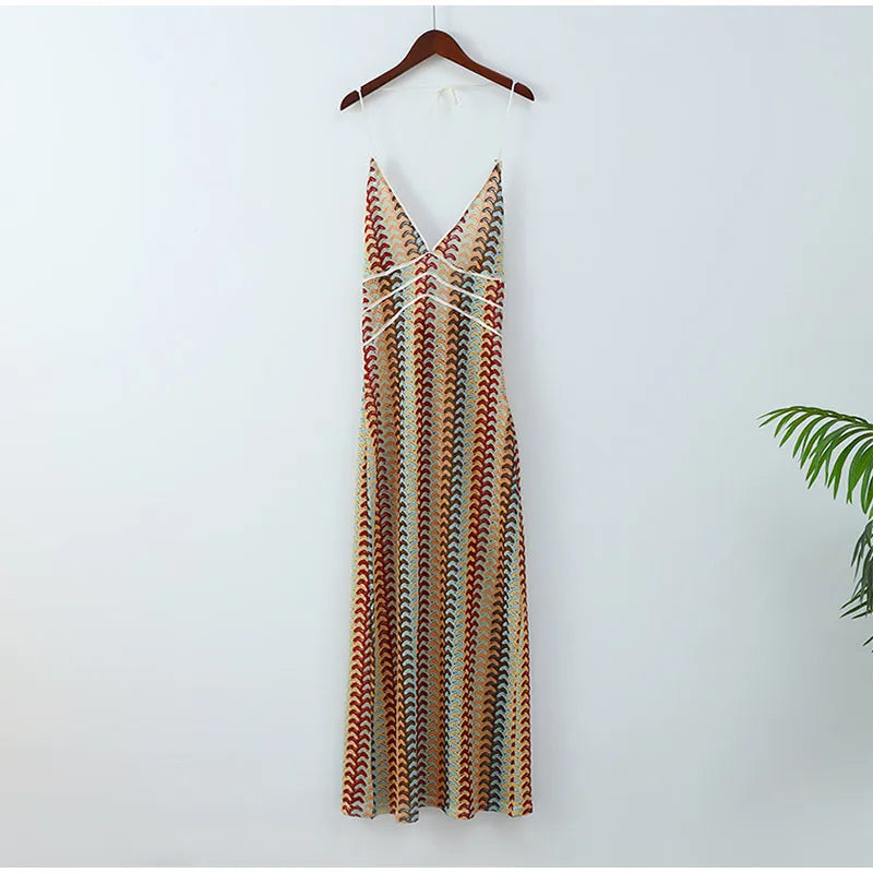 Deep V-neck Crochet Halter Backless Maxi Dress