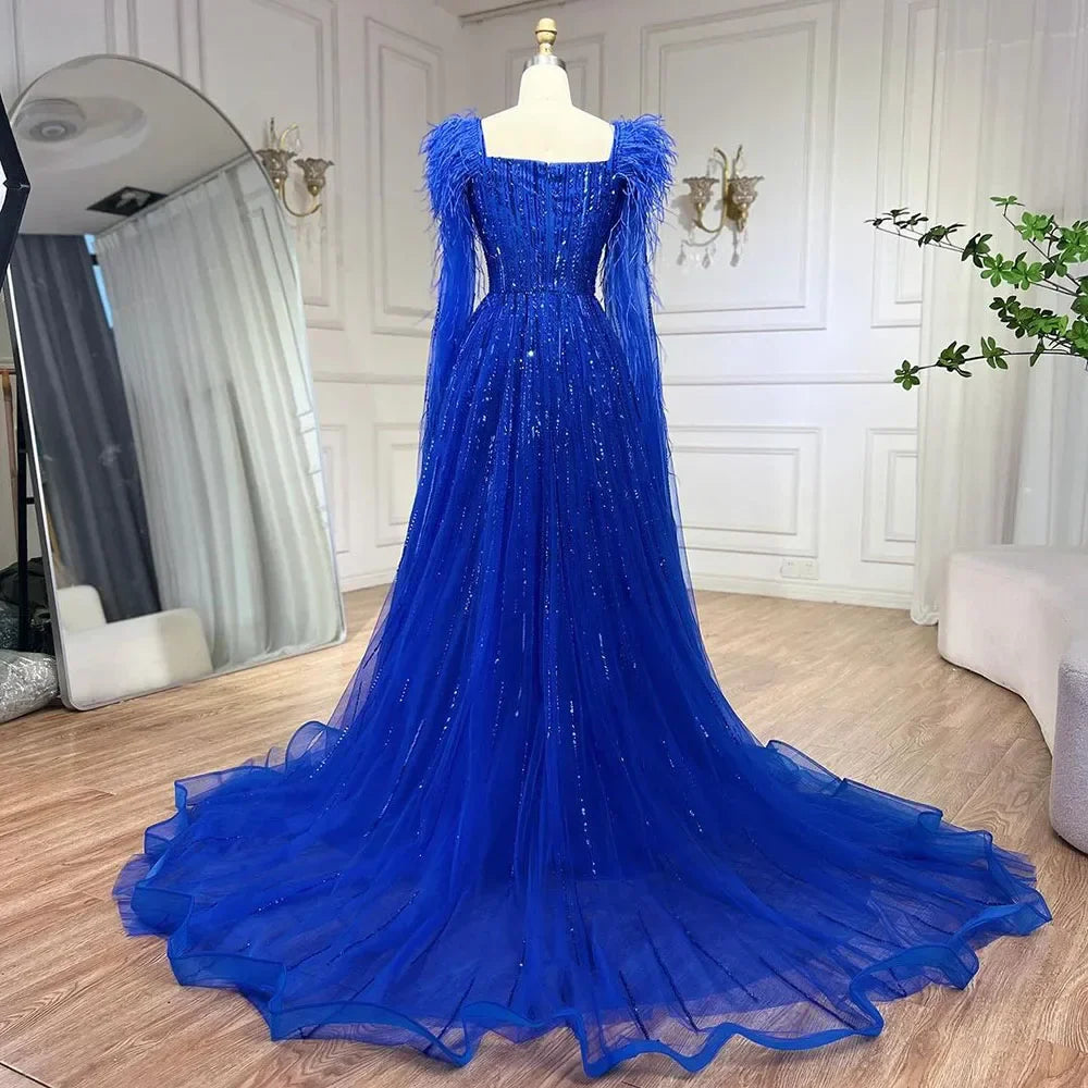 Cape Sleeves Feathers Beaded Evening Dresses
