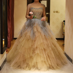 Rose Gold Ruffles Princess Ball Gown Evening Dress