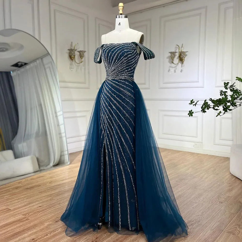 Boat Neck Split Mermaid Elegant Beaded Gowns