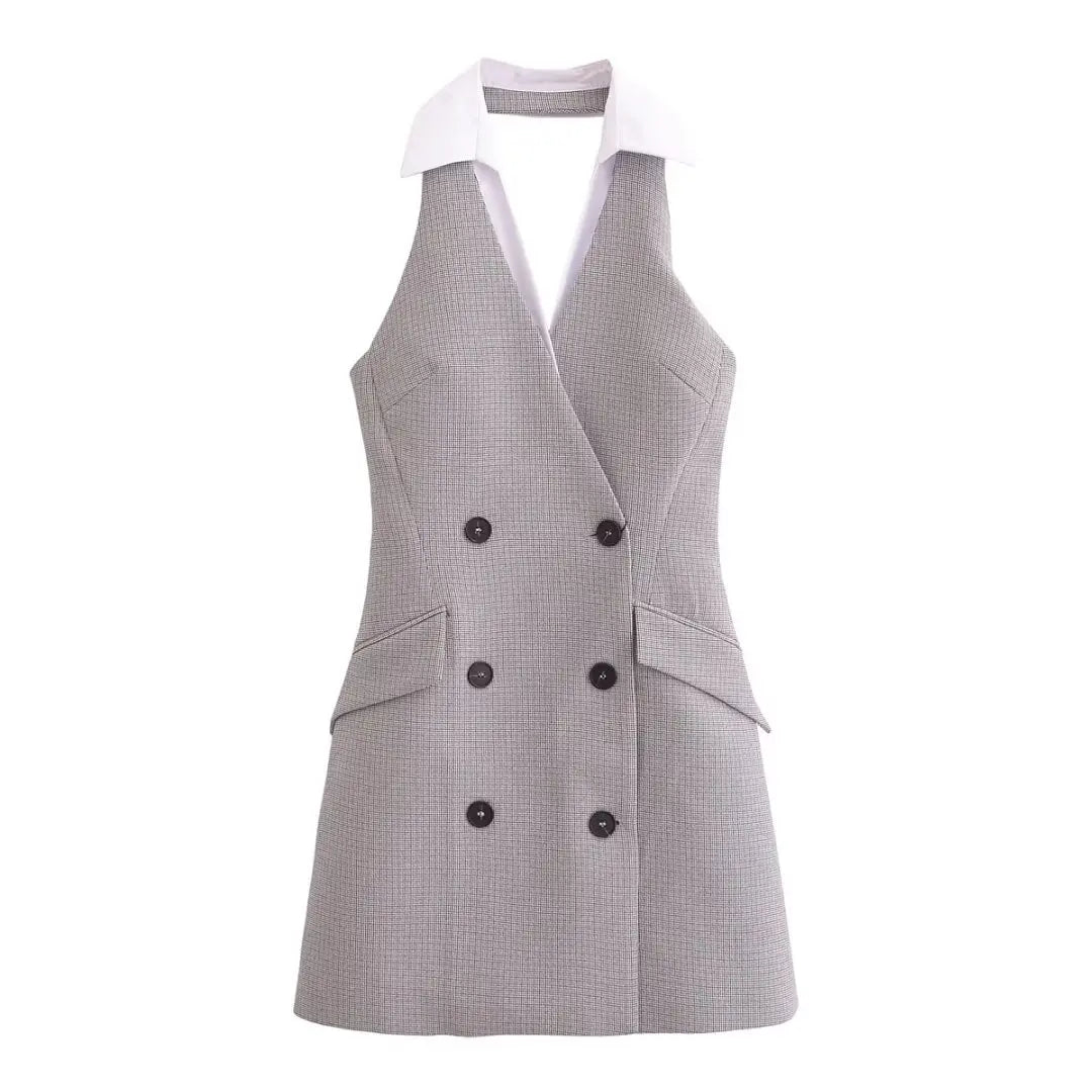 Plaid Halter Sleeveless Button Dress