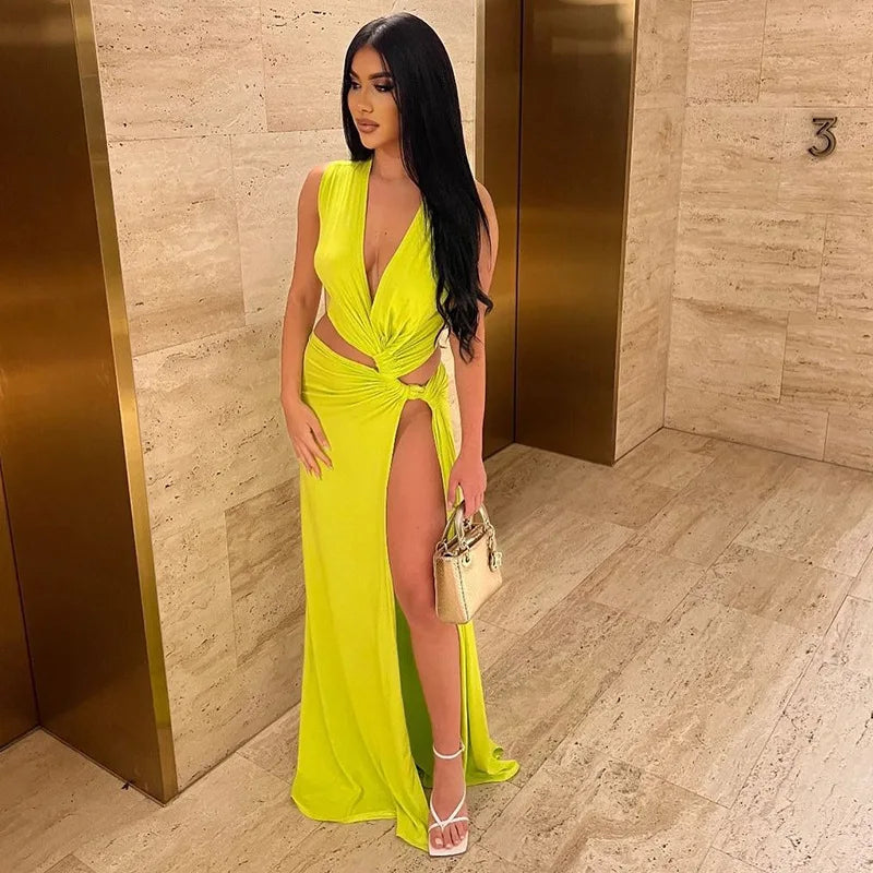 Deep V Cut Out Slit Asymmetrical Long Dress