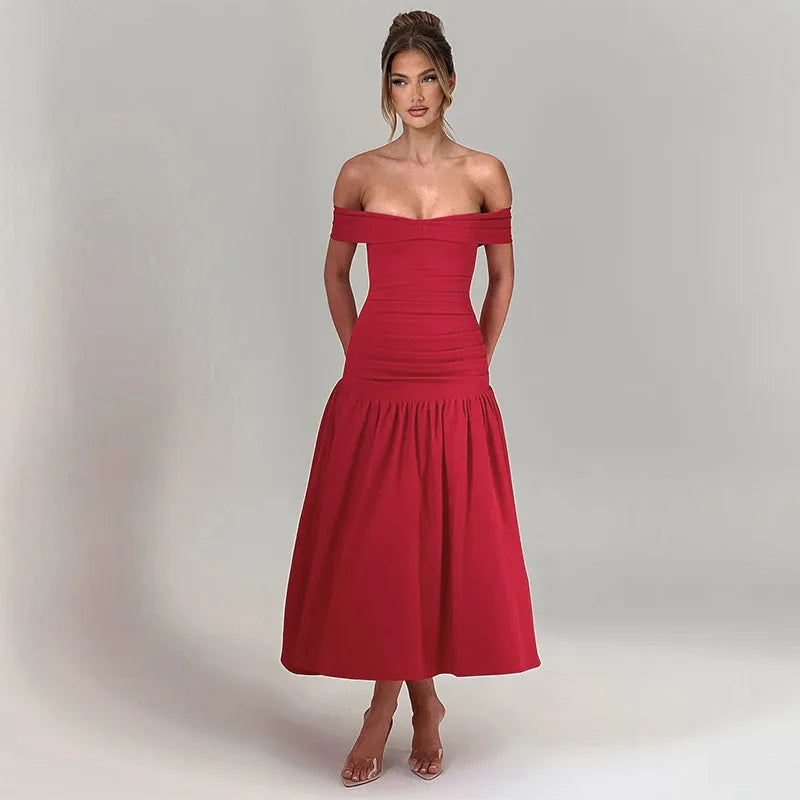 Slash Neck Off Shoulder Solid Dress