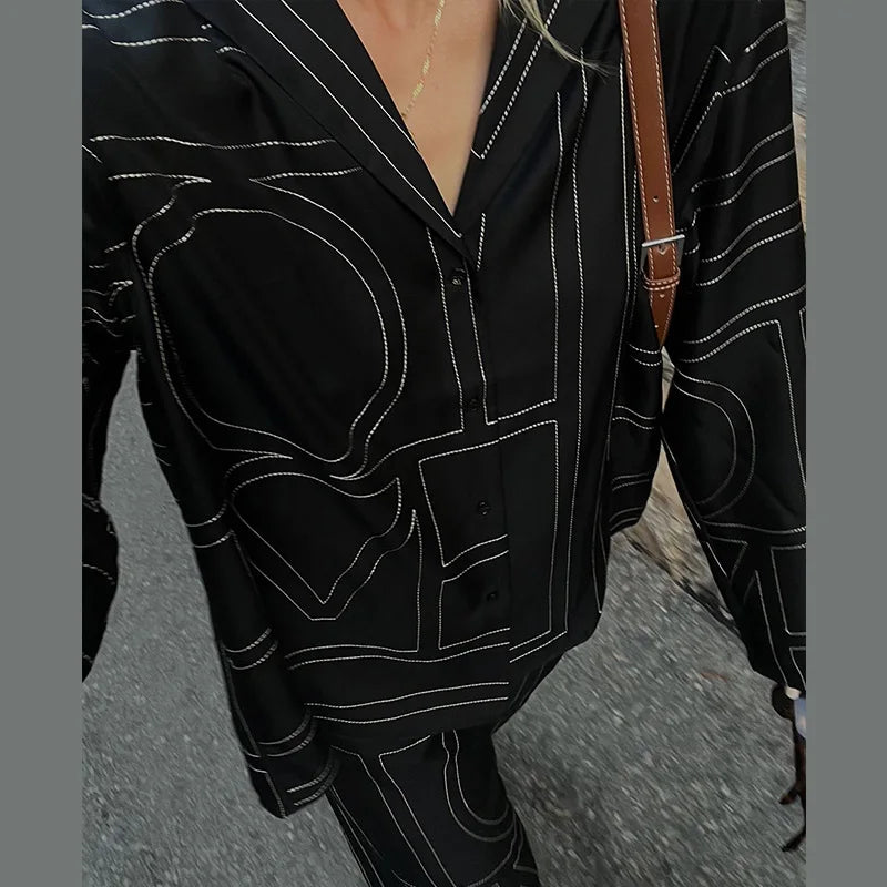 Long Sleeved Silk Geometric Shirt High Waist Pant Set