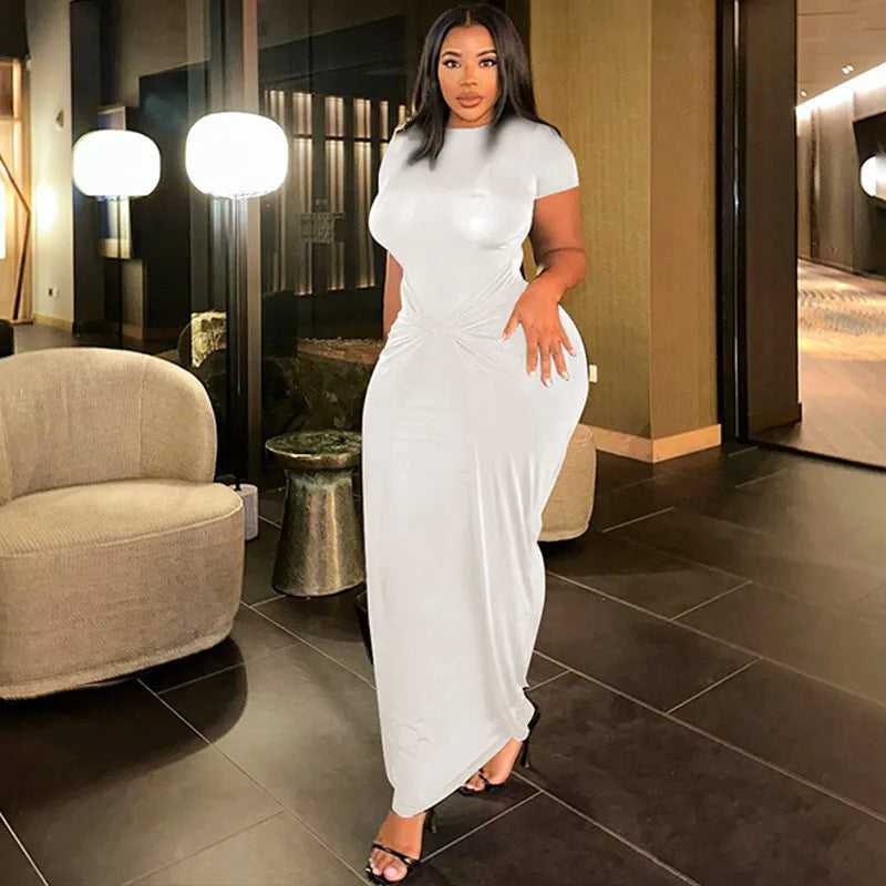 Solid Short Sleeve Ruched Maxi Dress