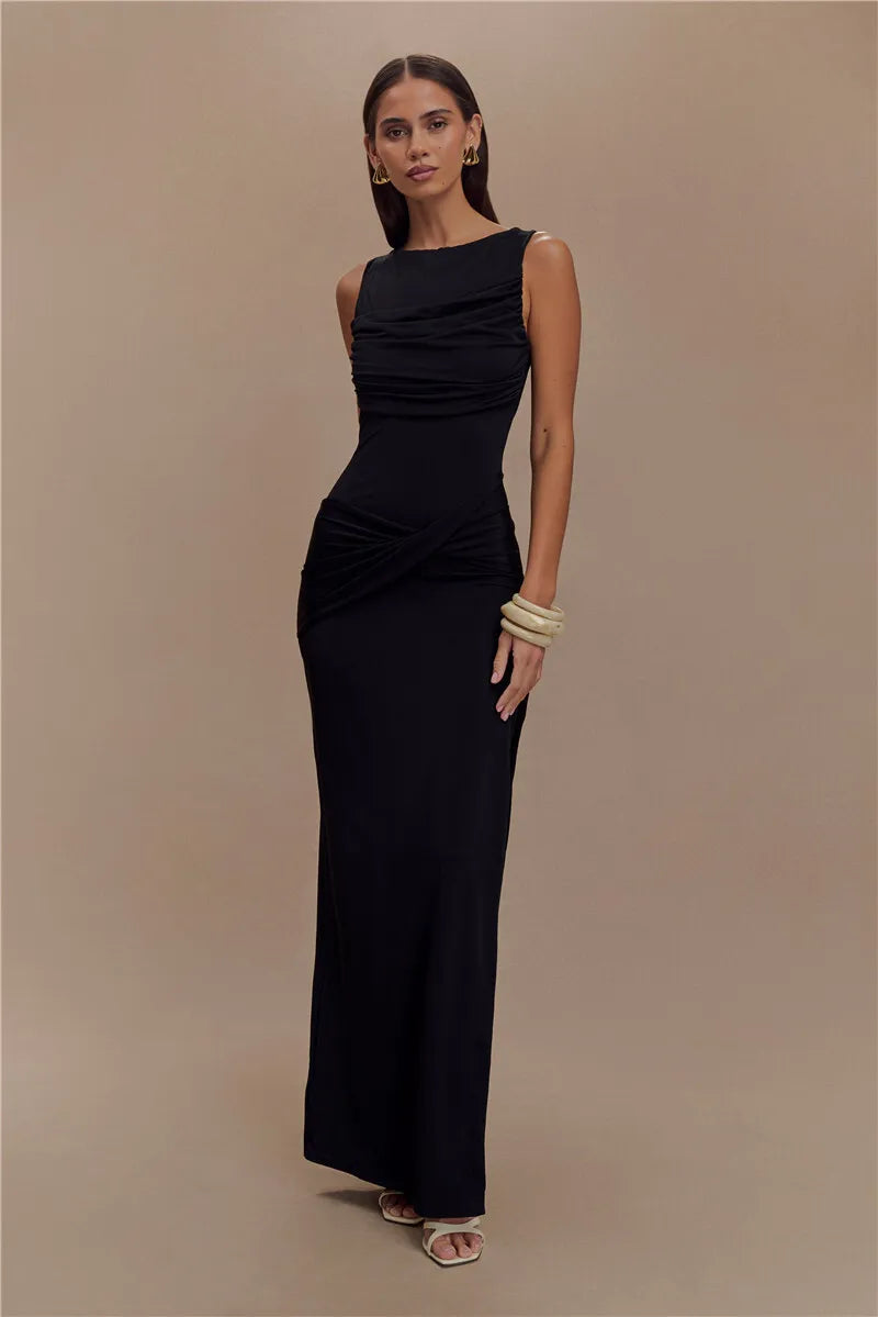 Backless Ruched O Neck Thigh High Split Long Dress