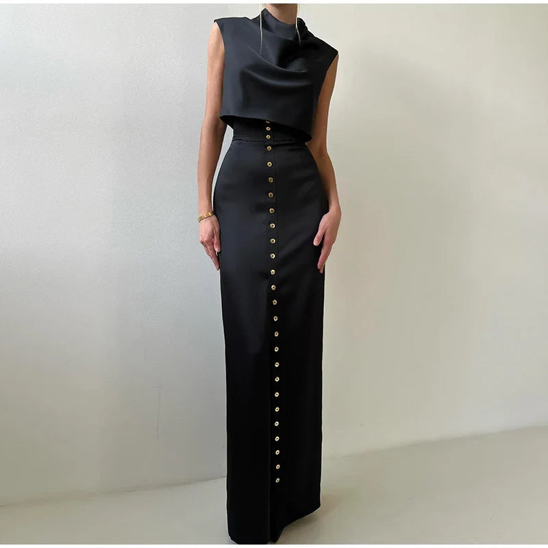 Sleeveless Top Suit With Front Split Skirt