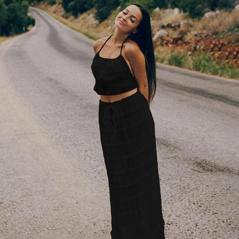 Chiffon Skirt Suit Spaghetti Strap Top and Long Skirt