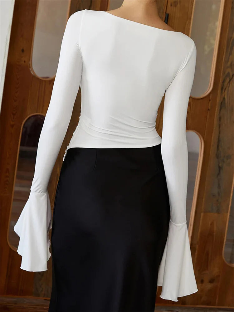 White Pleated Ruffled Long Sleeve Top