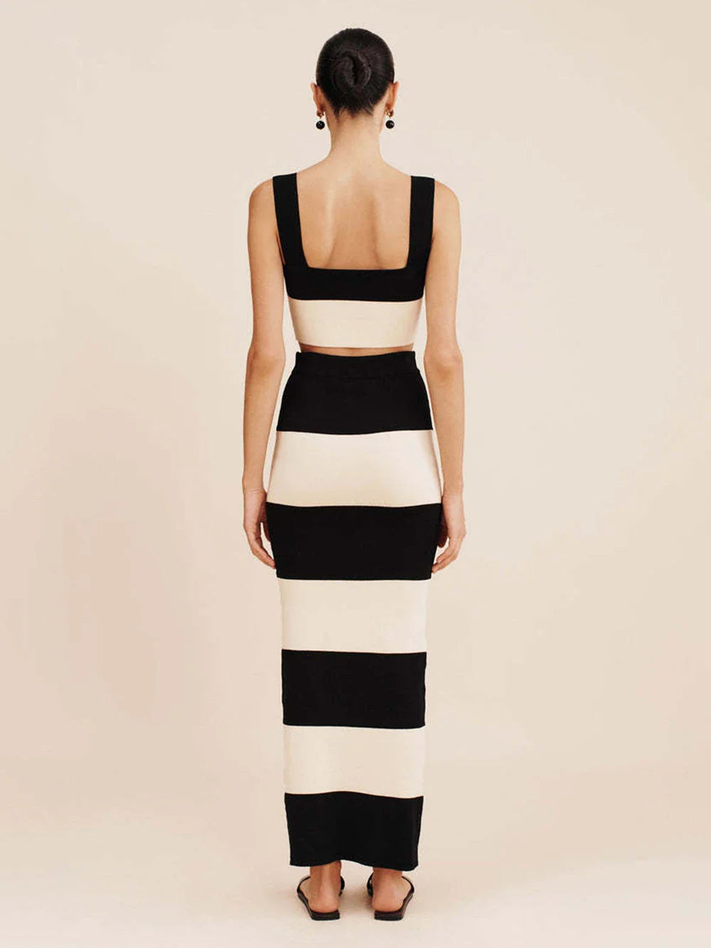 Striped Knitted Crop Top and Midi Skirt Suit
