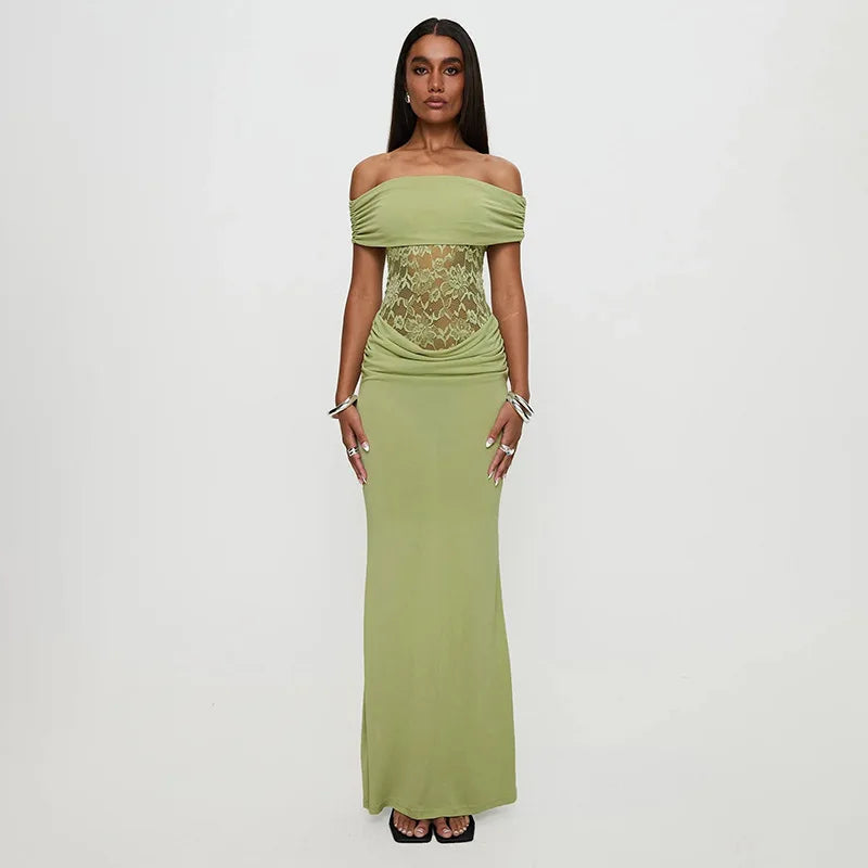 Off-shoulder Strapless Green Lace Sheer Long Dress